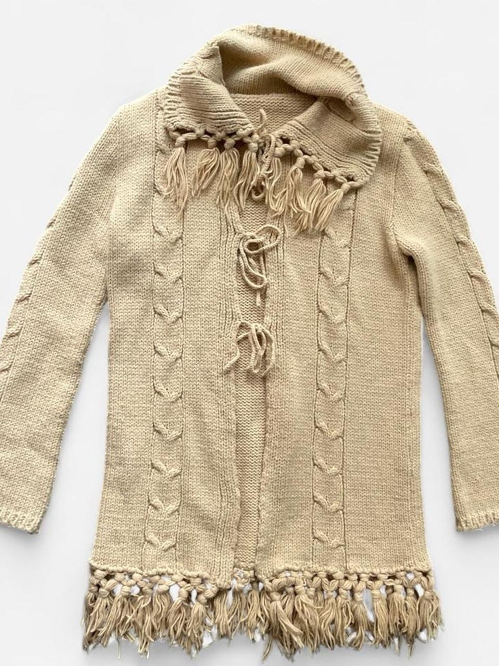 Beige Fringe Knit Cardigan Sweater